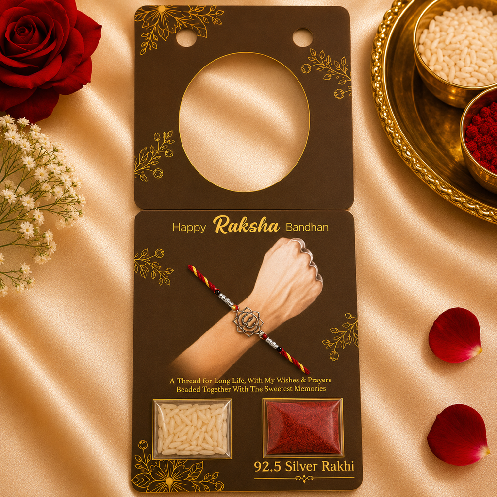 Designer Silver Trishul Mandala Dial Rakhi for Brother