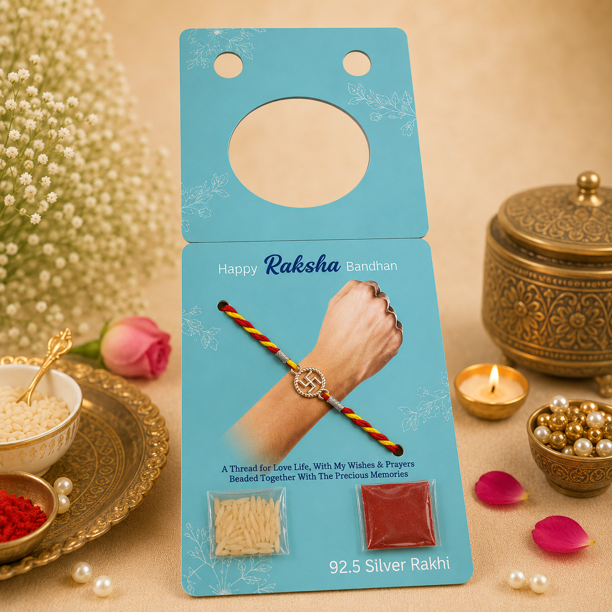 Pure 92.5 Silver Swastik Dial Rakhi for Brother – Designer Rakhi