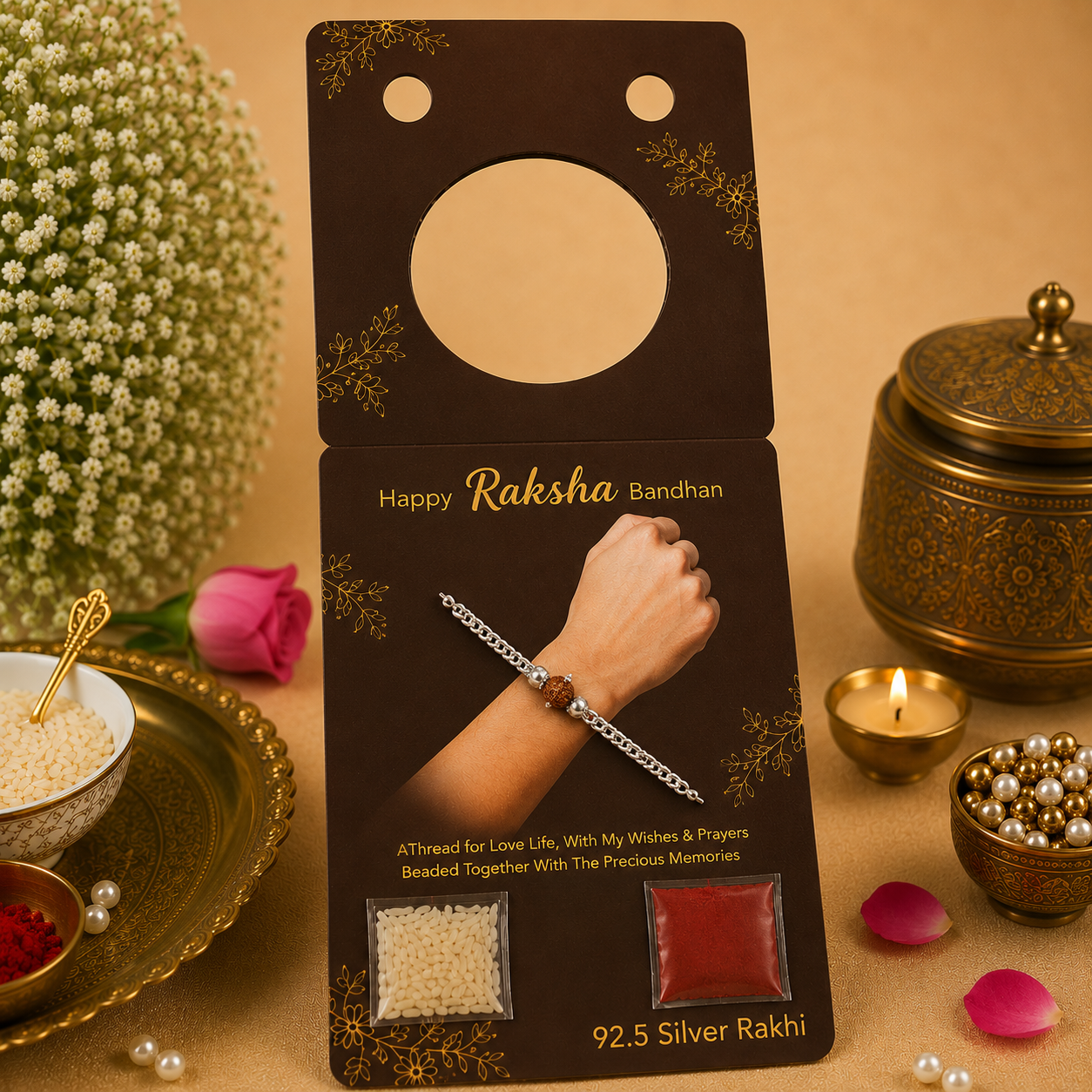 Pure 92.5 Silver Rudraksha Bracelet Rakhi for Brother