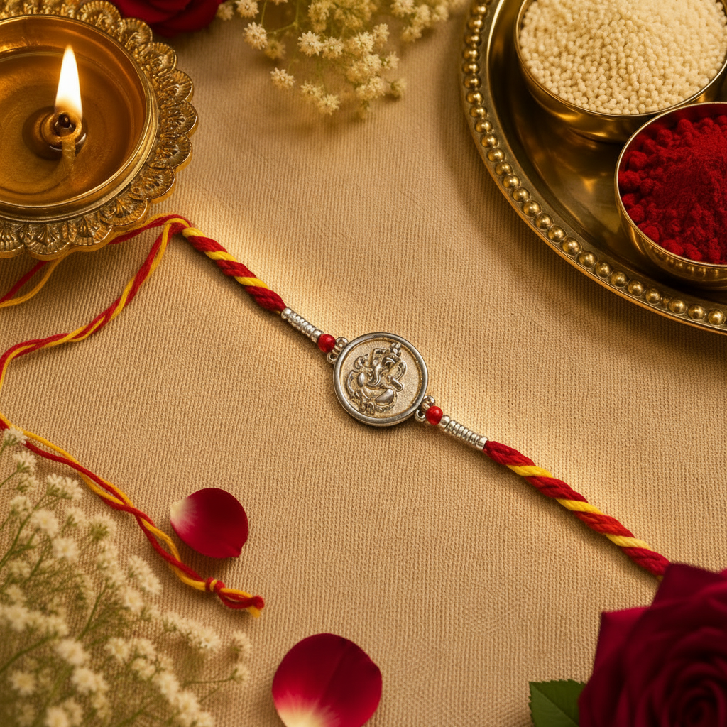 92.5 Sterling Silver Ganesh Ji Rakhi for Brother