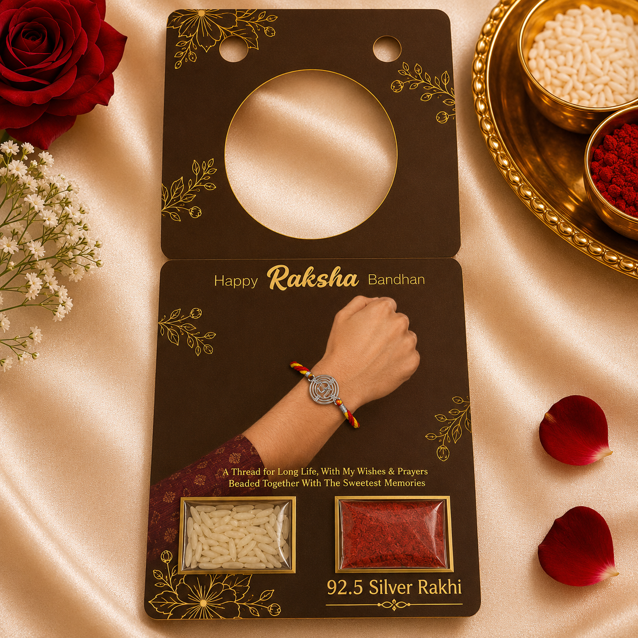 Designer Circular Silver Om Dial Rakhi for Brother