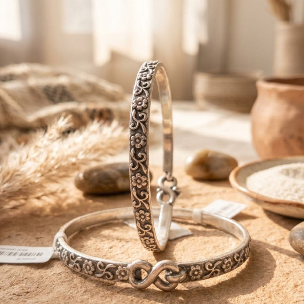 Aabhushan Engraved Silver Kada Payal | Floral Engraved Anklet