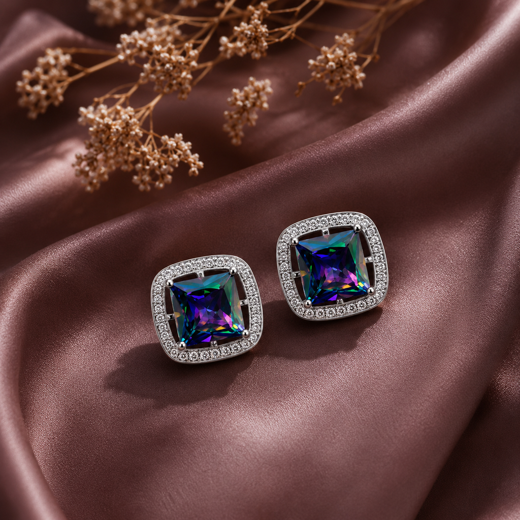 Rainbow Prism Square Stud Earrings in 925 Silver