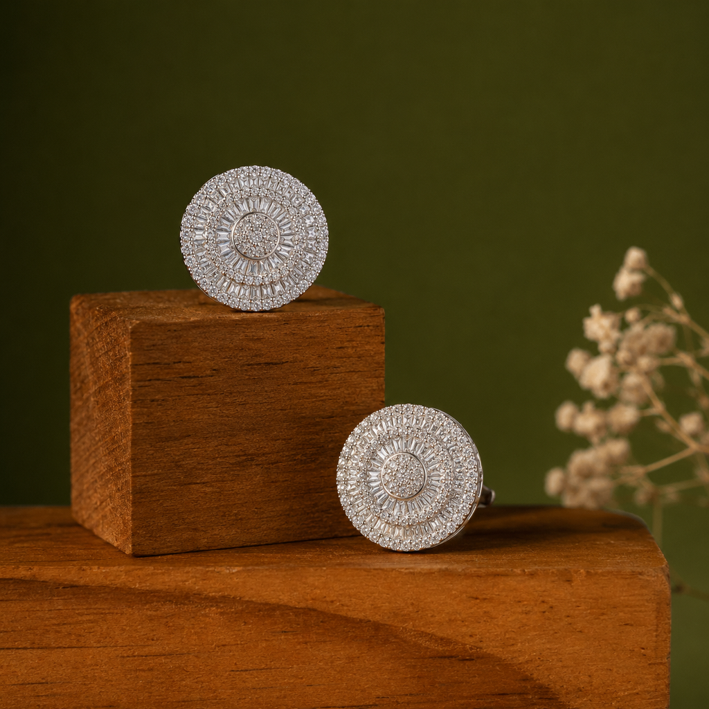 92.5 Silver Royal Halo Disc Stud Earrings