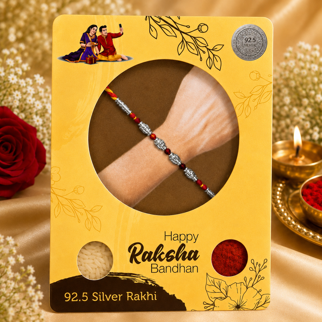 Premium Silver Bead & Red Gemstone Rakhi for Brother
