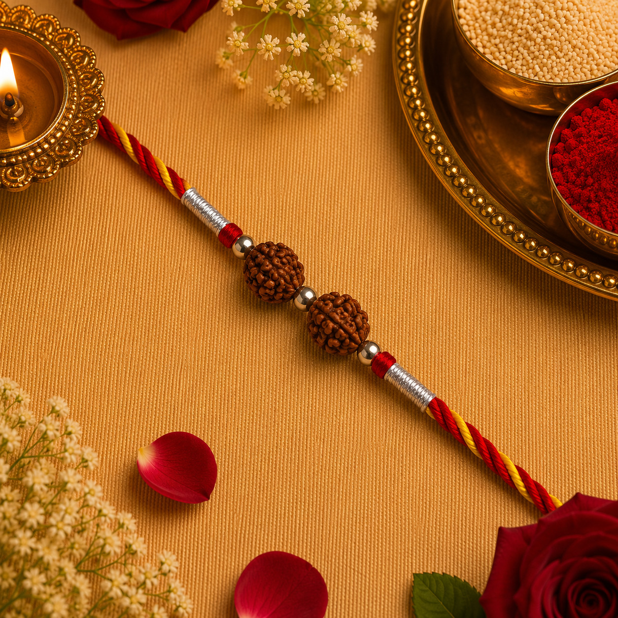 Designer Silver Twin Rudraksha Bead Rakhi for Brother – Premium Rakhi