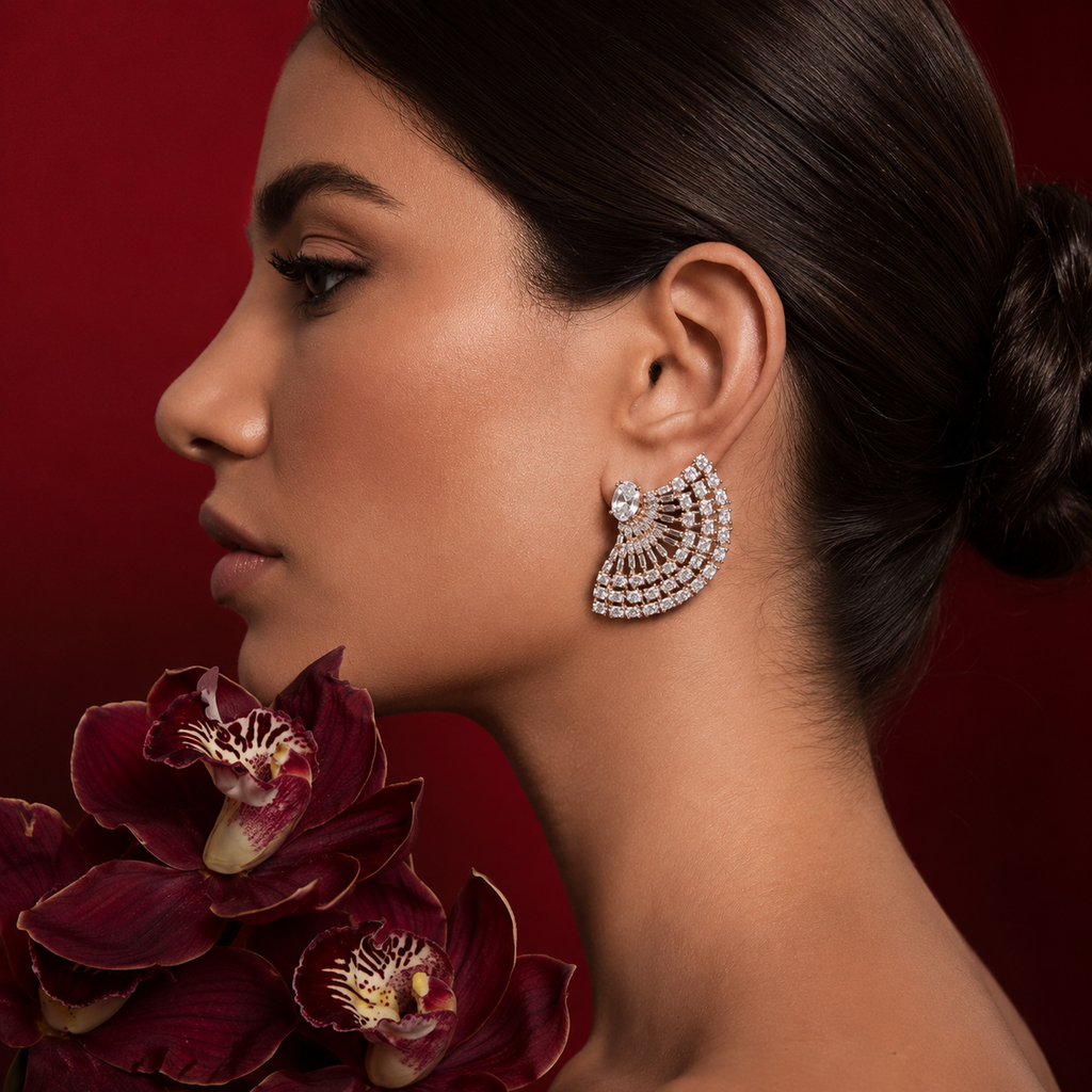 Regal Radiance Fan Stud Earrings in 925 Silver