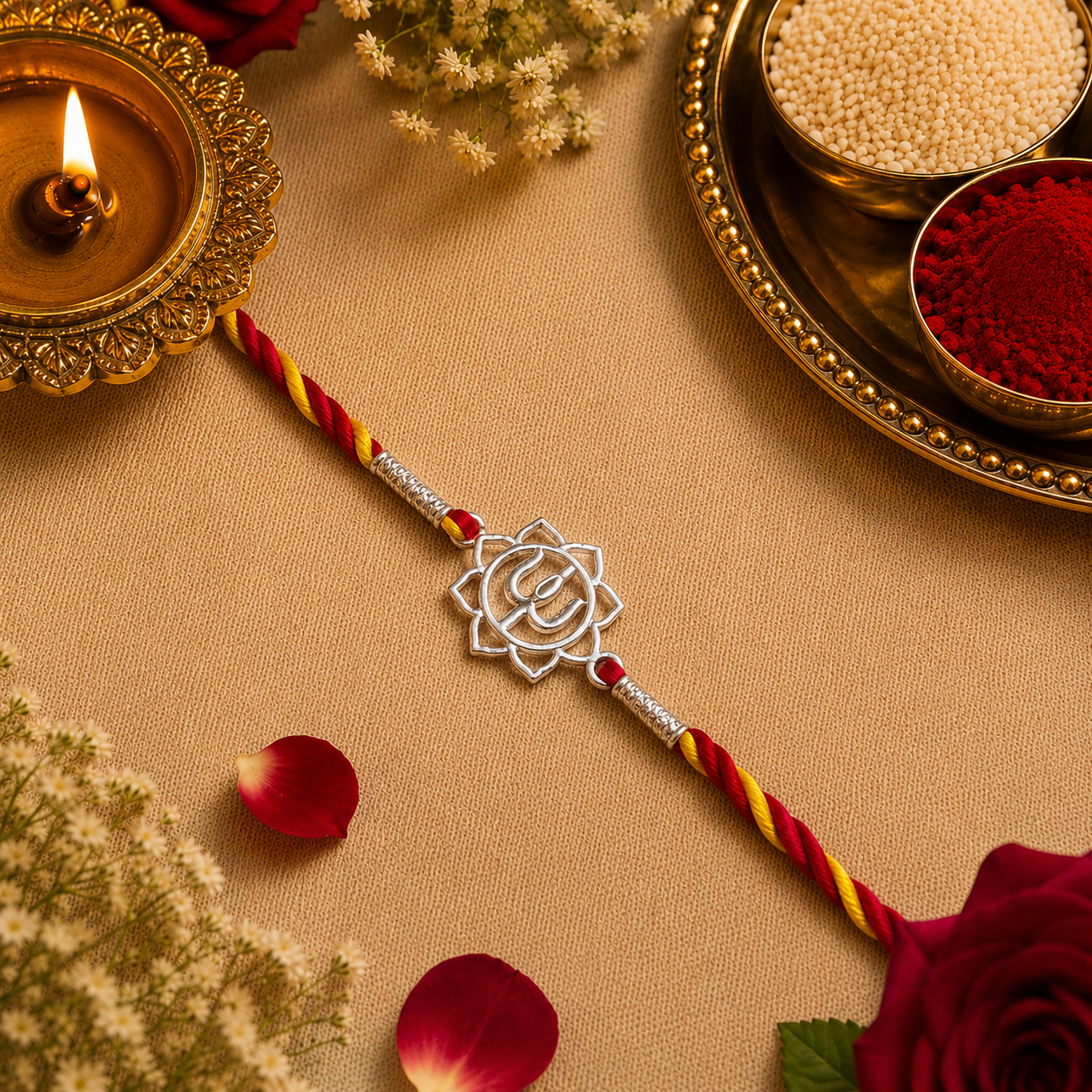 Designer Silver Trishul Mandala Dial Rakhi for Brother