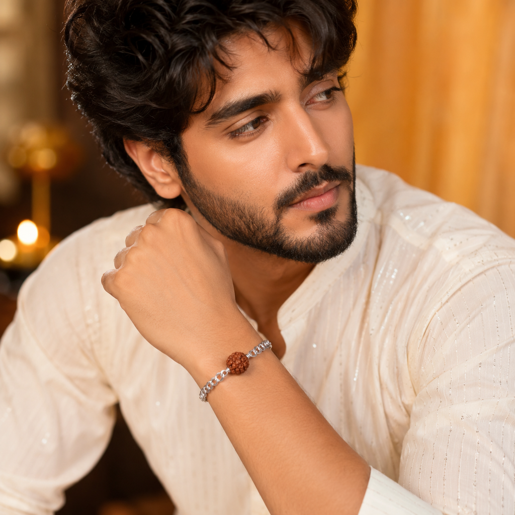 Pure 92.5 Silver Rudraksha Bracelet Rakhi for Brother