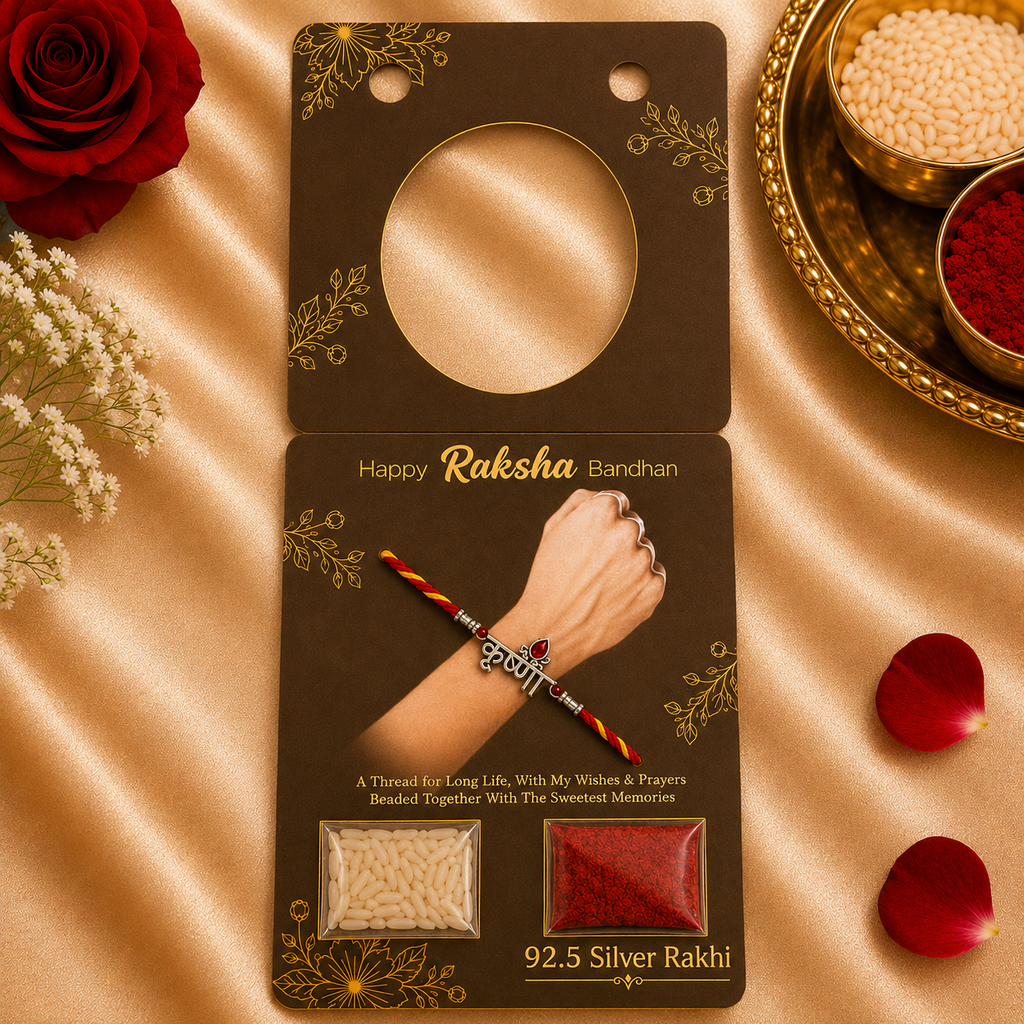 Pure Silver Krishna Text Rakhi with Red Gemstone for brother