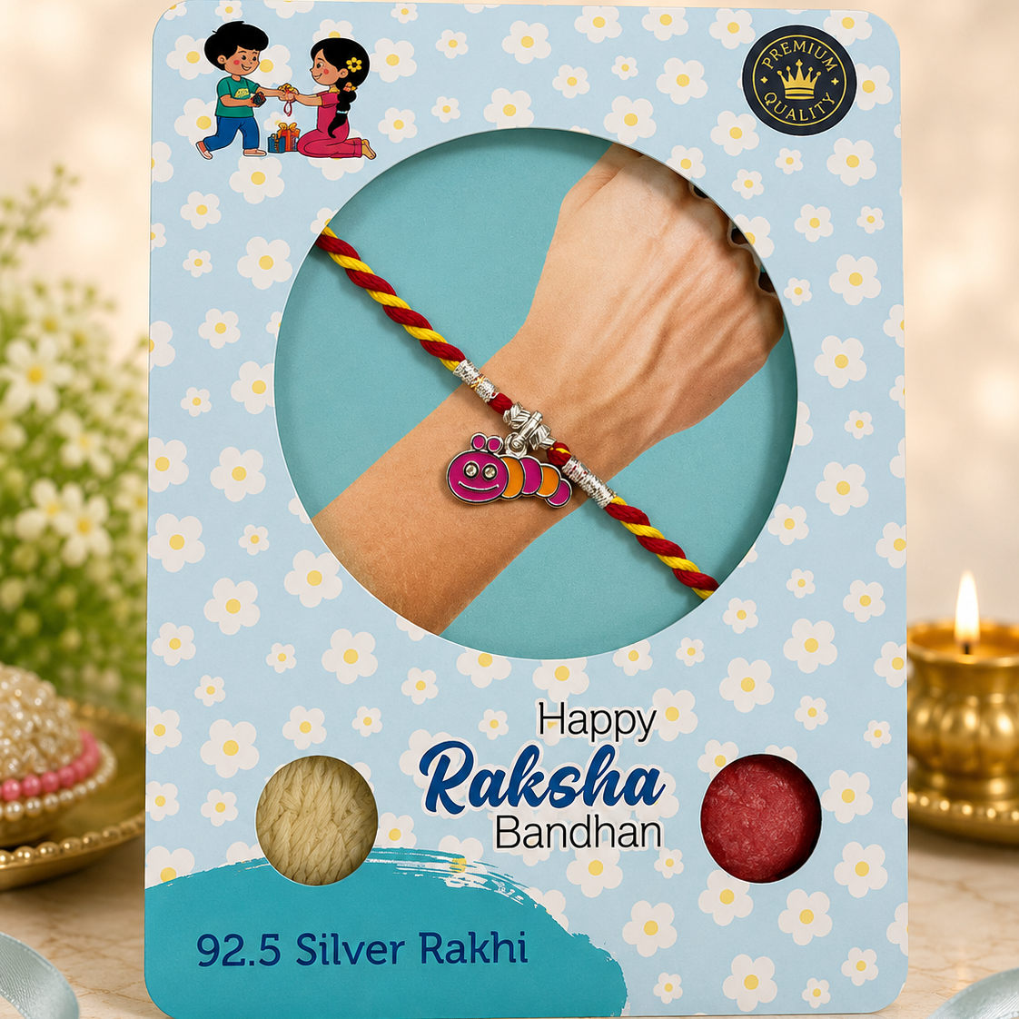 Pure 92.5 Silver Caterpillar Charm Kids Rakhi – Cute Insect Rakhi