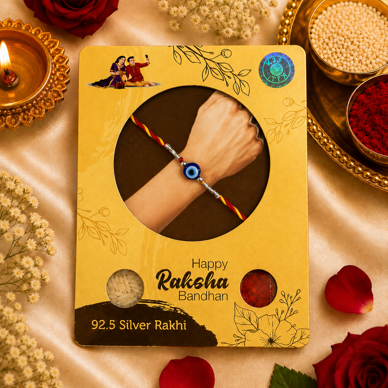 Designer Silver Textured Tube Evil Eye Rakhi for Brother