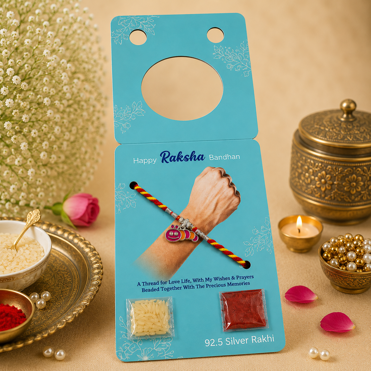 Pure 92.5 Silver Caterpillar Charm Kids Rakhi – Cute Insect Rakhi